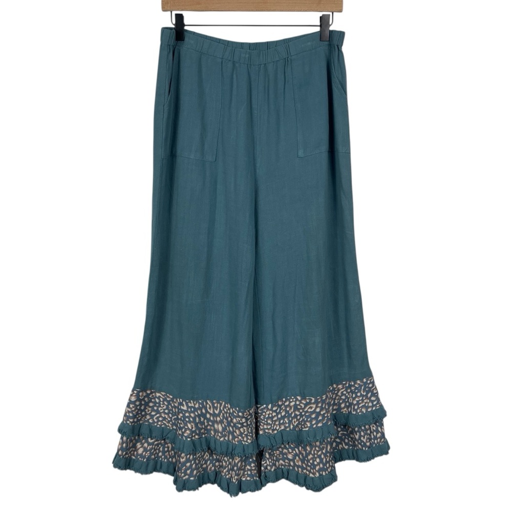 Umgee Wide Leg Pants Ruffle Hem Linen Cotton Teal Size Medium - Picture 2 of 9